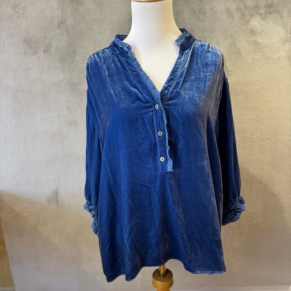 Sundance Sz M Blue Velvet Peasant Blouse Lace Trim Boho - Picture 2 of 8
